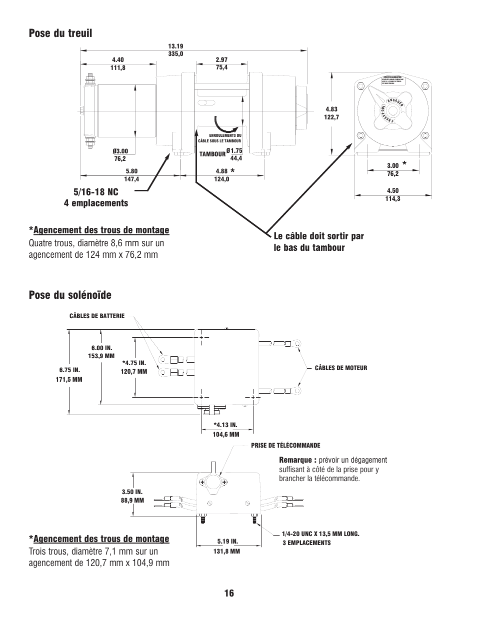 Pose du treuil pose du solénoïde, Le câble doit sortir par le bas du tambour | Ramsey Winch ATV 8 WITH MINI ROCKER SWITCH User Manual | Page 16 / 36