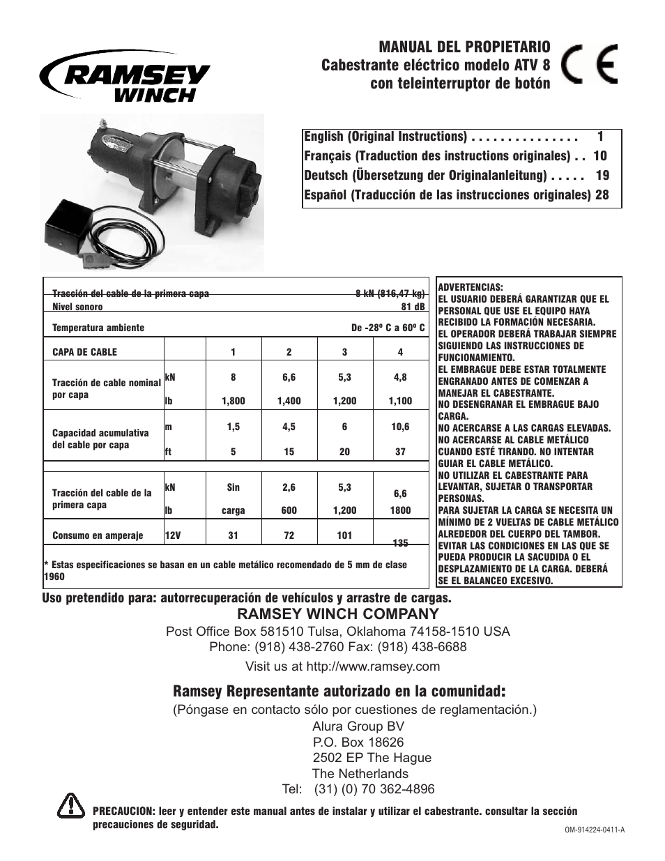 Atv-8 with remote control switch_ es 0411, Ramsey winch company, Ramsey representante autorizado en la comunidad | Ramsey Winch ATV 8 WITH MINI ROCKER SWITCH User Manual | Page 28 / 36
