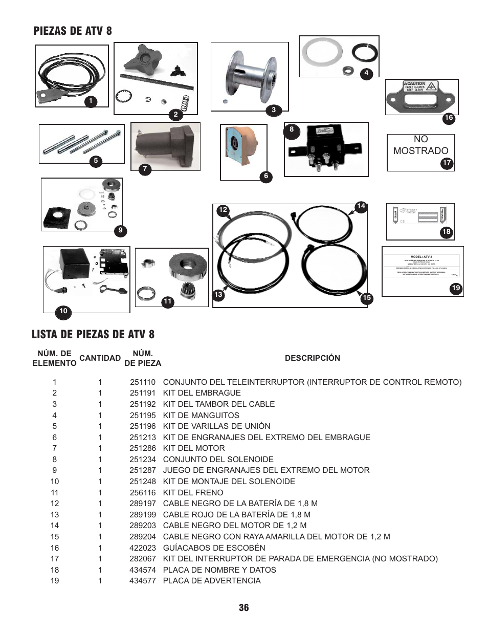 Piezas de atv 8 lista de piezas de atv 8, No mostrado | Ramsey Winch ATV 8 WITH MINI ROCKER SWITCH User Manual | Page 36 / 36