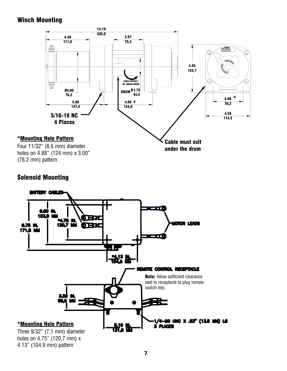 Winch mounting solenoid mounting, Cable must exit under the drum | Ramsey Winch ATV 8 WITH MINI ROCKER SWITCH User Manual | Page 7 / 36
