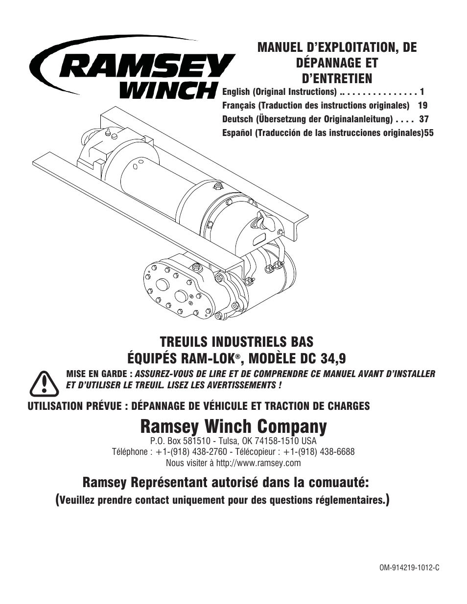 914219-1012-c dc 34,9_fr a, Ramsey winch company, Treuils industriels bas équipés ram-lok | Modèle dc 34,9, Ramsey représentant autorisé dans la comuauté, Manuel d’exploitation, de dépannage et d’entretien | Ramsey Winch DC 34,9 User Manual | Page 19 / 72