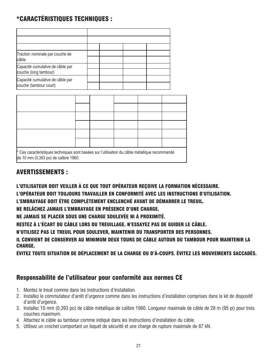 Caractéristiques techniques : avertissements | Ramsey Winch DC 34,9 User Manual | Page 21 / 72