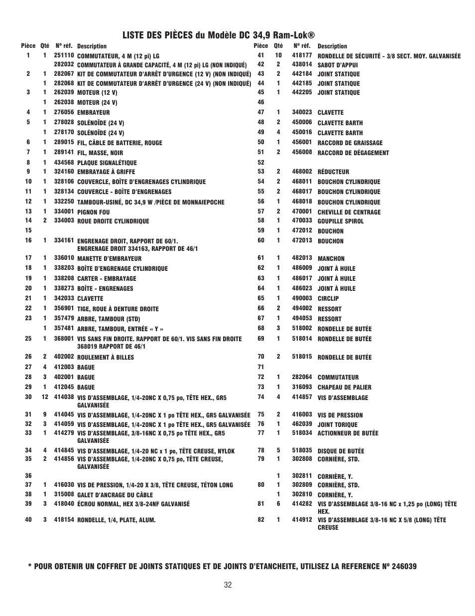 Liste des pièces du modèle dc 34,9 ram-lok | Ramsey Winch DC 34,9 User Manual | Page 32 / 72