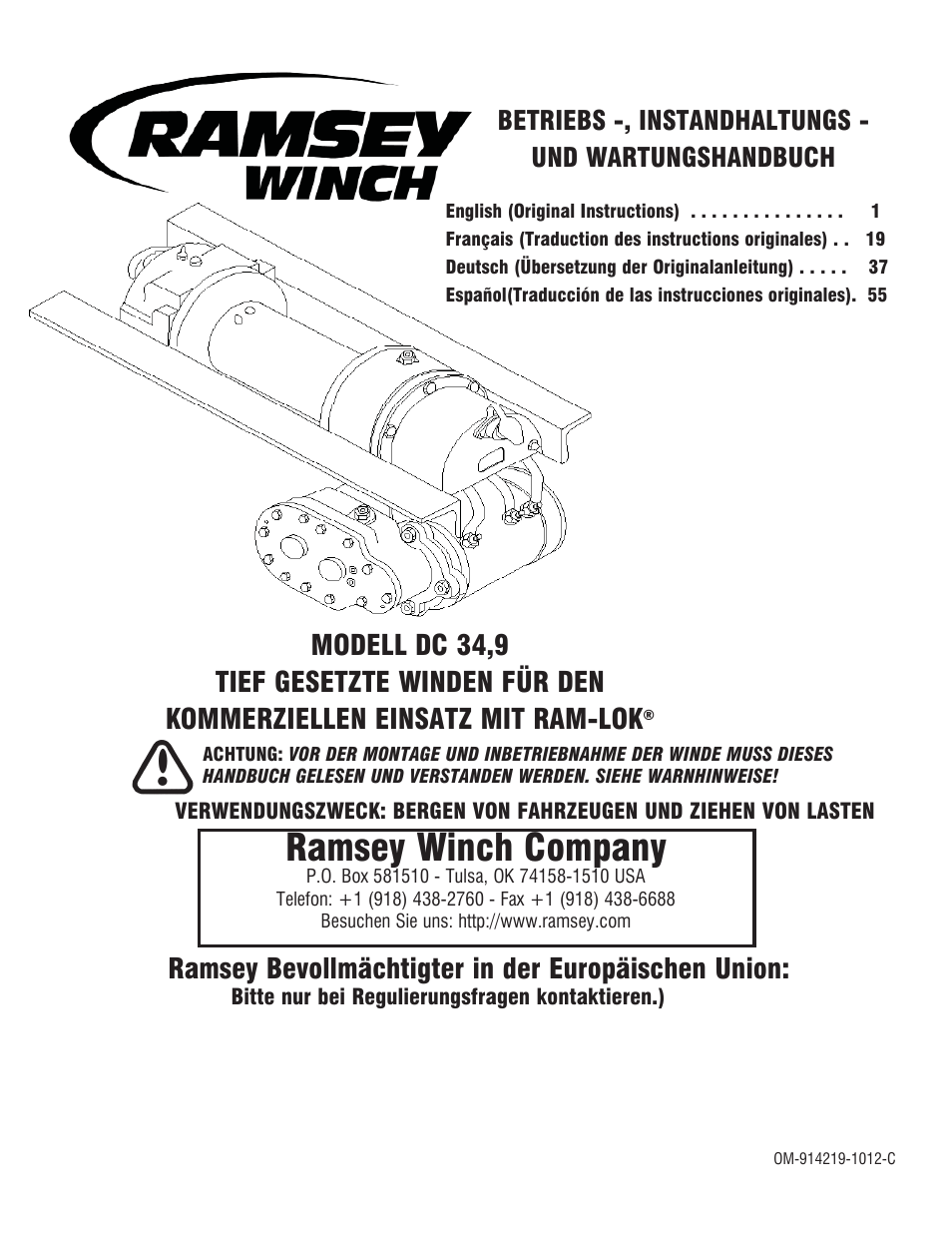 914219-1012-c dc 34,9_de a, Ramsey winch company, Ramsey bevollmächtigter in der europäischen union | Betriebs -, instandhaltungs - und wartungshandbuch | Ramsey Winch DC 34,9 User Manual | Page 37 / 72