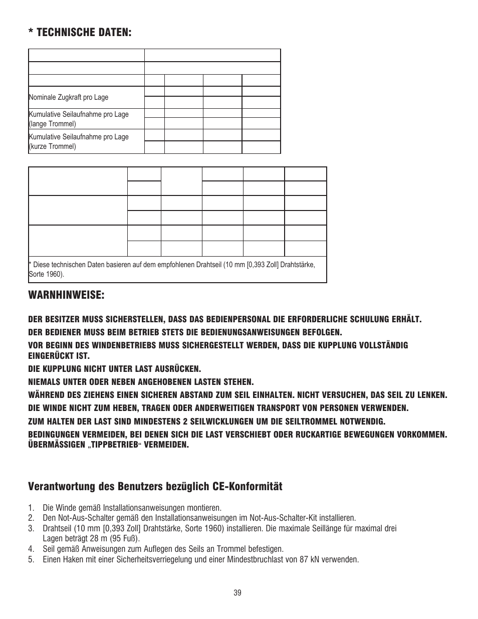 Technische daten: warnhinweise | Ramsey Winch DC 34,9 User Manual | Page 39 / 72