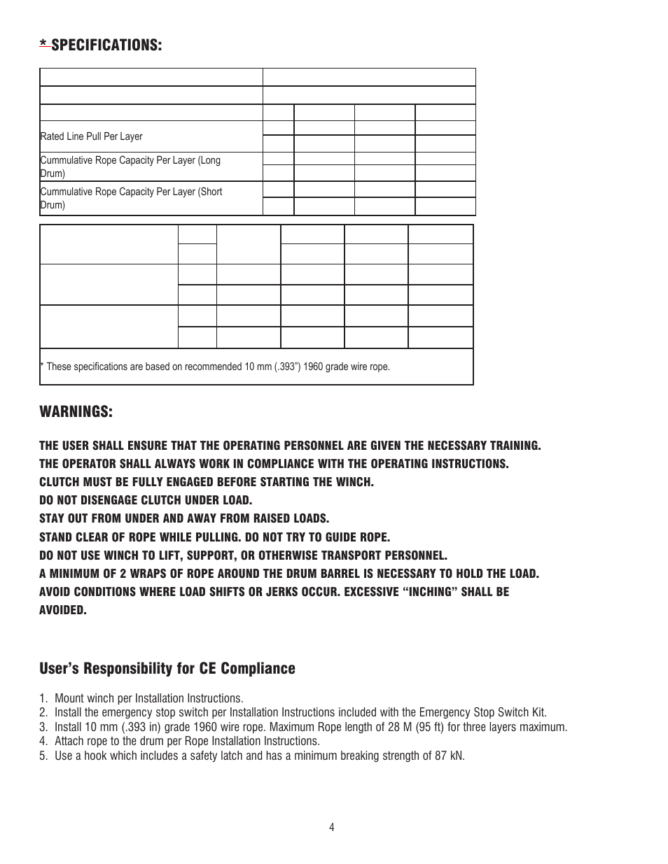 Specifications: warnings, User’s responsibility for ce compliance | Ramsey Winch DC 34,9 User Manual | Page 4 / 72