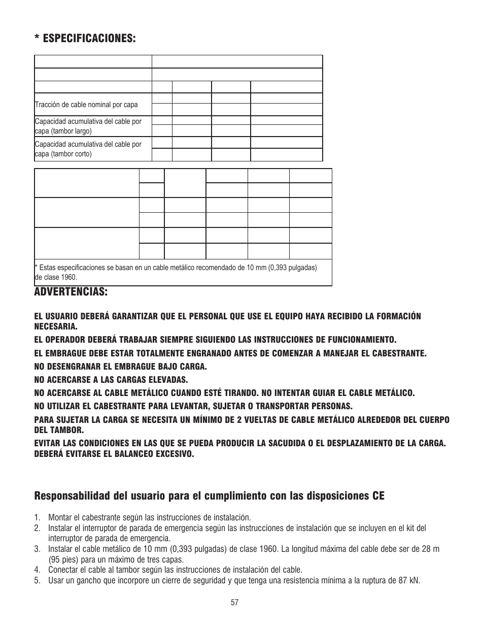 Especificaciones: advertencias | Ramsey Winch DC 34,9 User Manual | Page 57 / 72