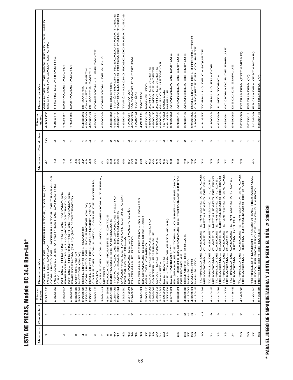 Lista de piezas, modelo dc 34,9 ram-lok | Ramsey Winch DC 34,9 User Manual | Page 68 / 72