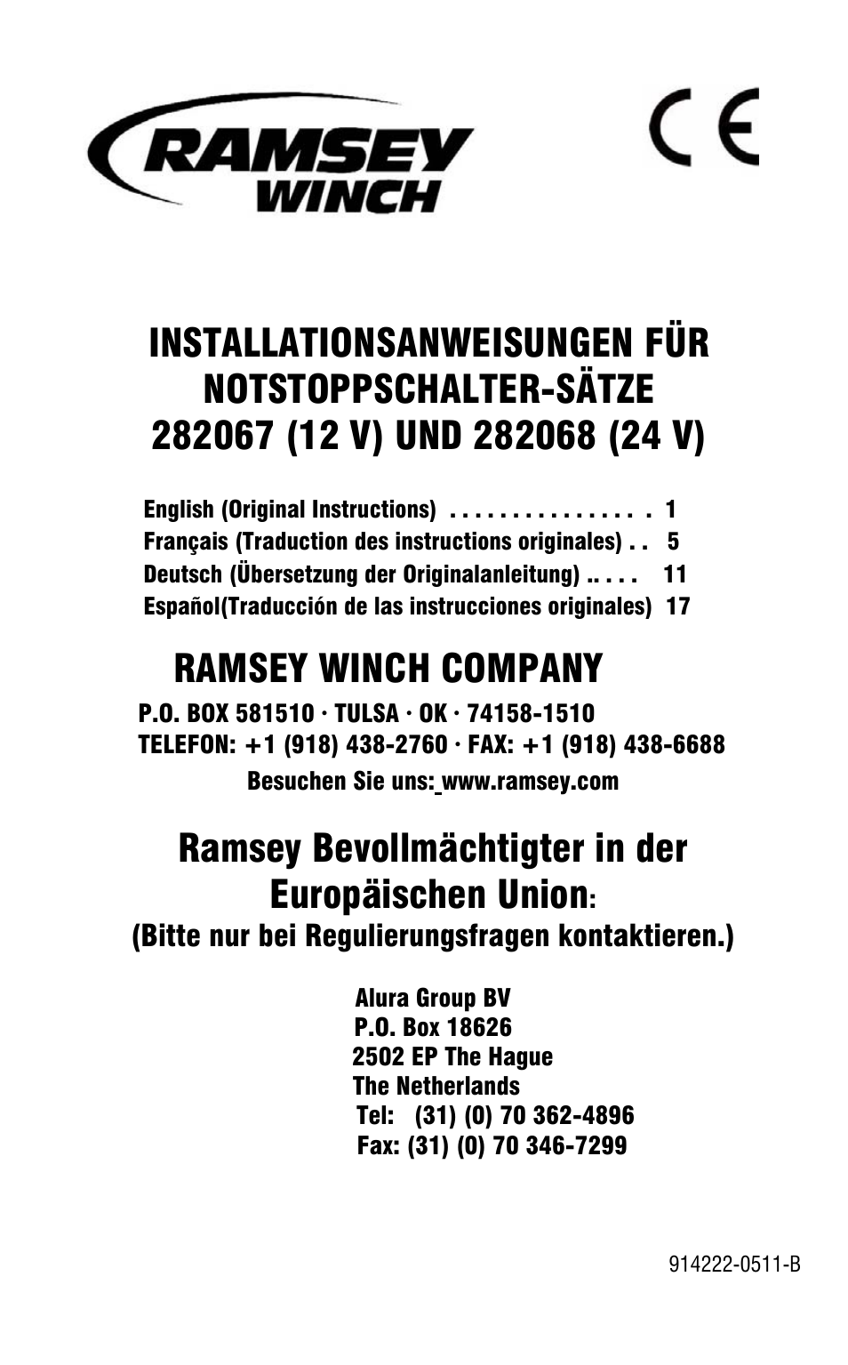 Ramsey winch company, Ramsey bevollmächtigter in der europäischen union, Bitte nur bei regulierungsfragen kontaktieren.) | Ramsey Winch E-STOP SWITCH KIT 282067 & 282068 User Manual | Page 13 / 24