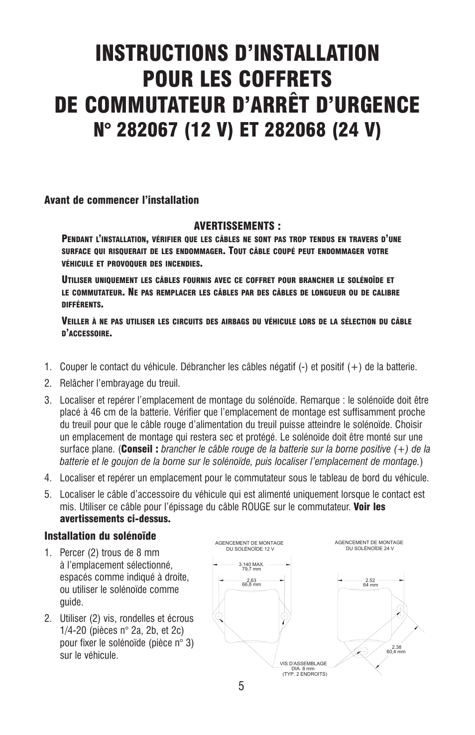 Avant de commencer l’installation avertissements, Installation du solénoïde | Ramsey Winch E-STOP SWITCH KIT 282067 & 282068 User Manual | Page 9 / 24