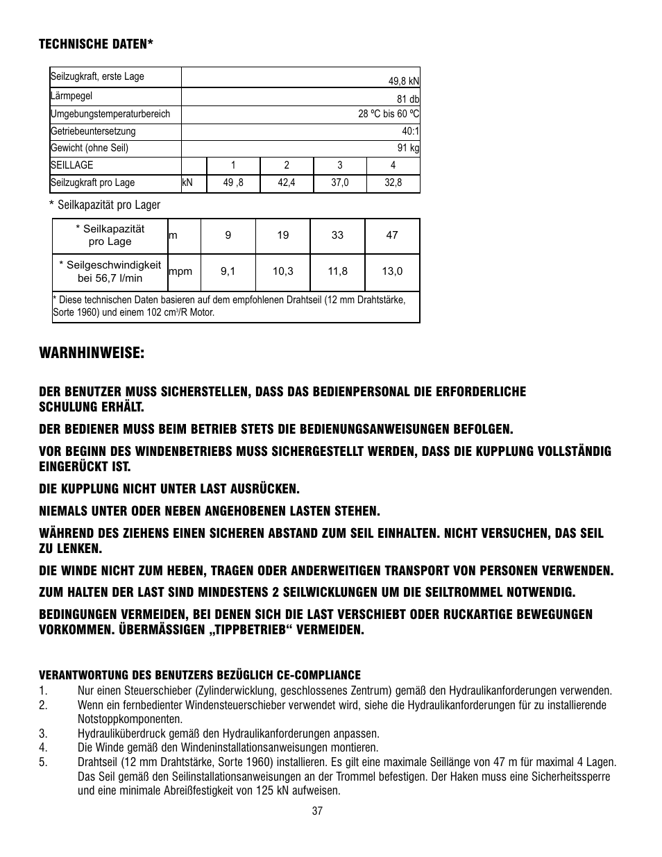 Warnhinweise | Ramsey Winch H-49,8 User Manual | Page 37 / 68