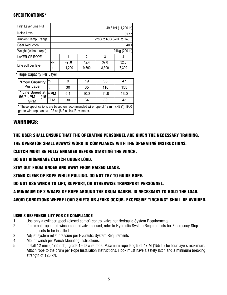 Warnings | Ramsey Winch H-49,8 User Manual | Page 5 / 68