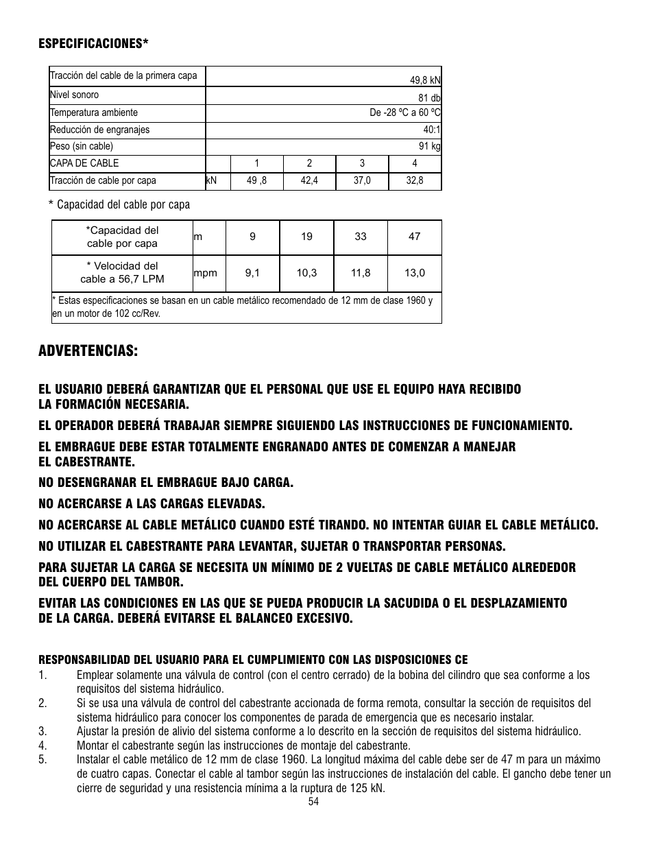 Advertencias | Ramsey Winch H-49,8 User Manual | Page 54 / 68