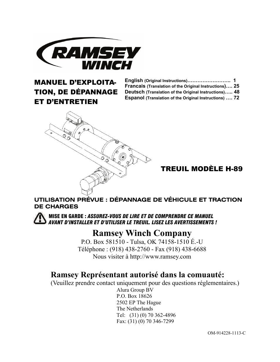 Ramsey winch company, Ramsey représentant autorisé dans la comuauté, Treuil modèle h-89 | Ramsey Winch H-89 User Manual | Page 25 / 94