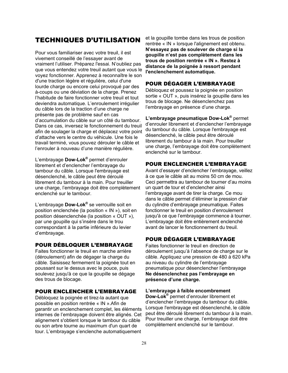 Techniques d’utilisation | Ramsey Winch H-89 User Manual | Page 28 / 94