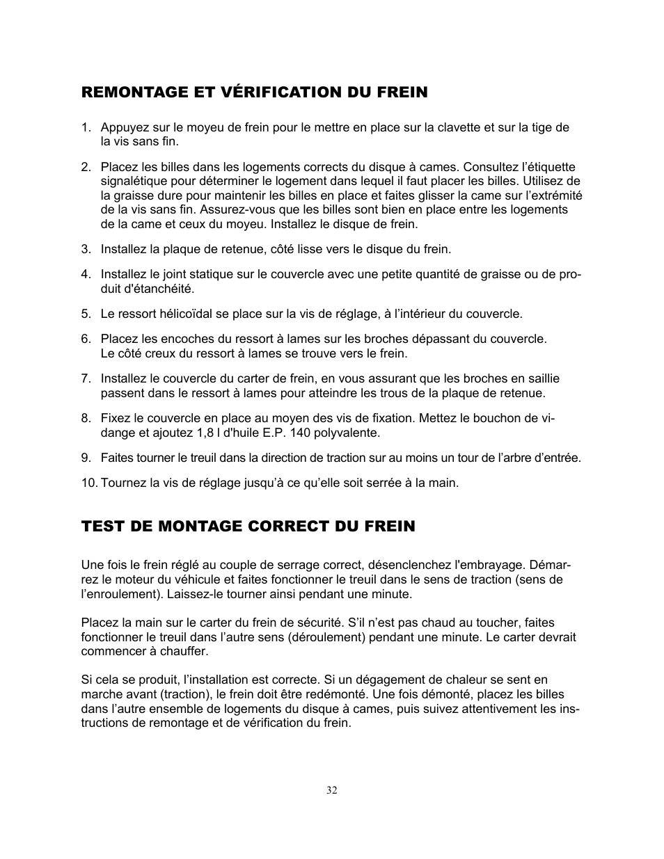 Remontage et vérification du frein, Test de montage correct du frein | Ramsey Winch H-89 User Manual | Page 32 / 94