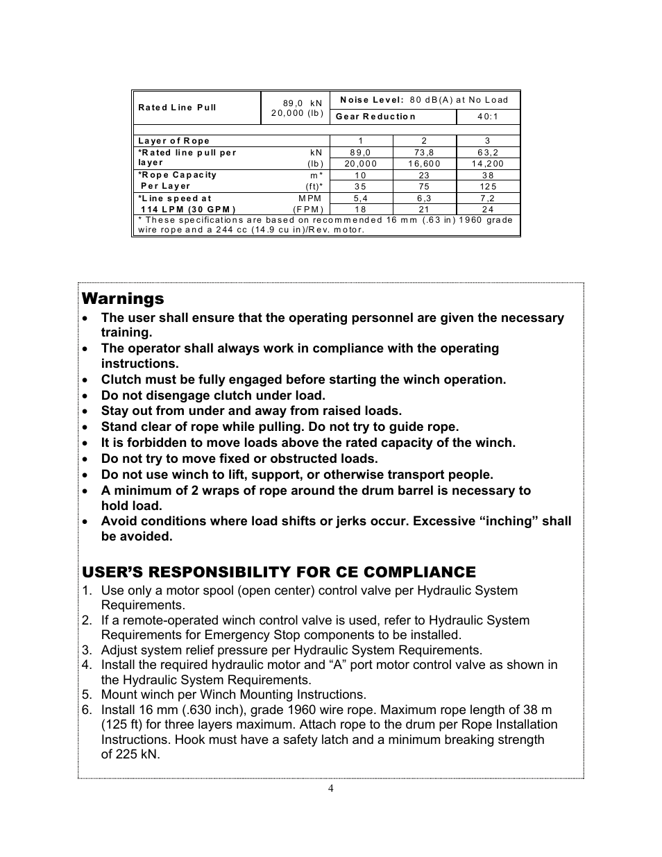 Warnings, User’s responsibility for ce compliance | Ramsey Winch H-89 User Manual | Page 4 / 94