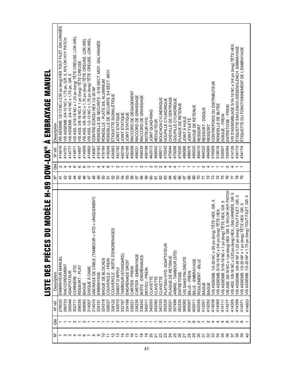 Liste des pièces du modèle h-89 dow -l ok, À embra yage manuel | Ramsey Winch H-89 User Manual | Page 45 / 94