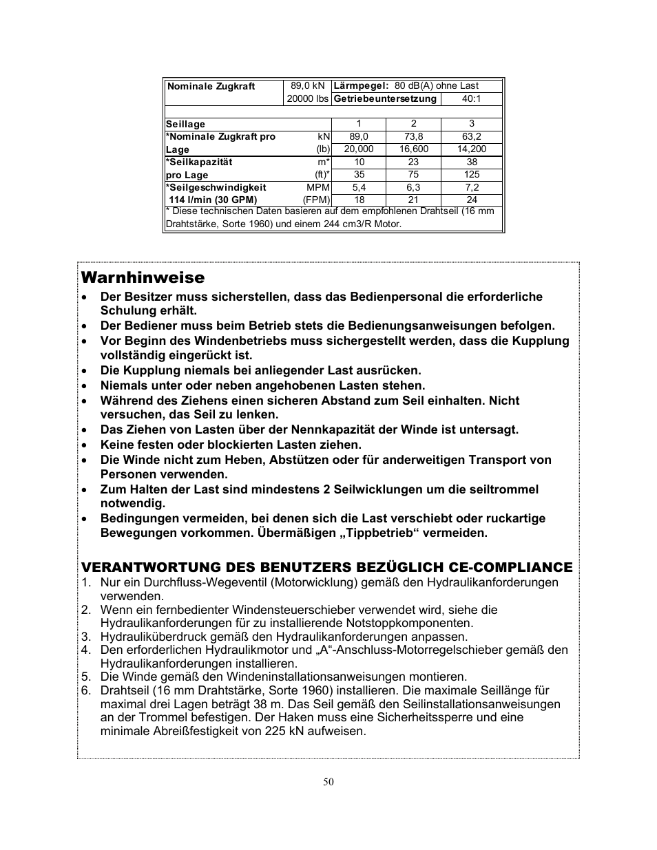 Warnhinweise | Ramsey Winch H-89 User Manual | Page 50 / 94