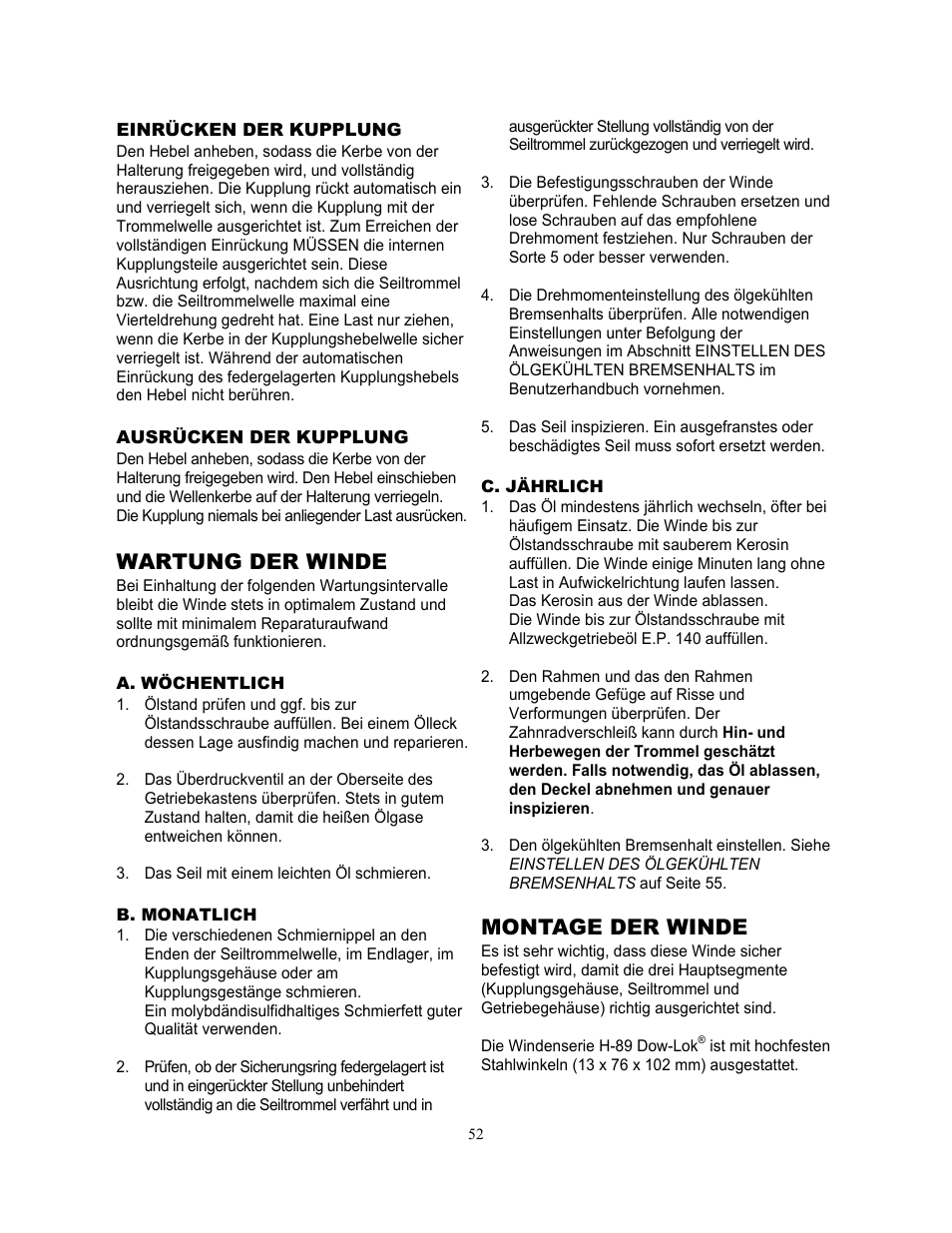 Wartung der winde, Montage der winde | Ramsey Winch H-89 User Manual | Page 52 / 94