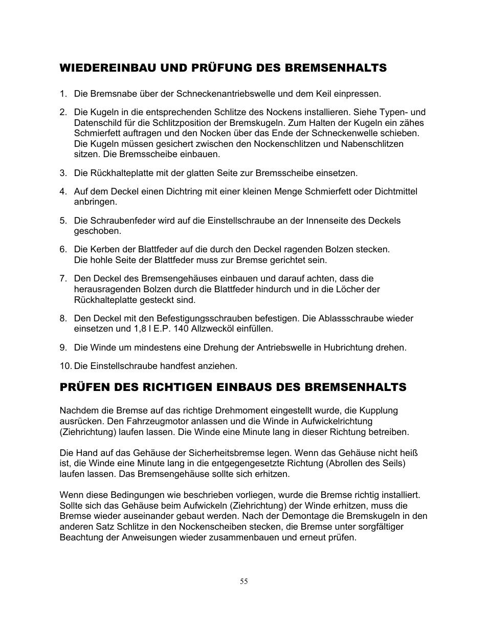 Wiedereinbau und prüfung des bremsenhalts, Prüfen des richtigen einbaus des bremsenhalts | Ramsey Winch H-89 User Manual | Page 55 / 94