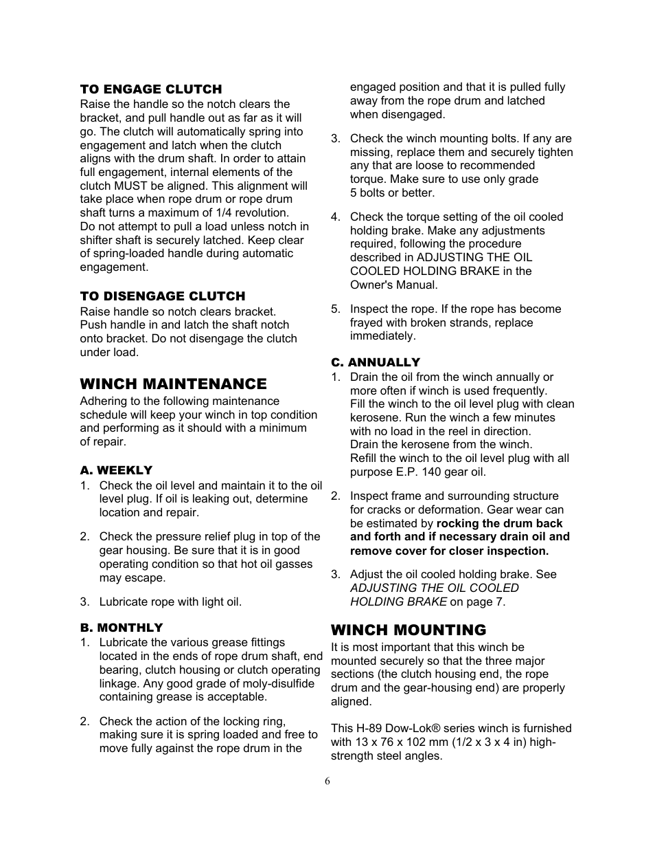 Winch maintenance, Winch mounting | Ramsey Winch H-89 User Manual | Page 6 / 94