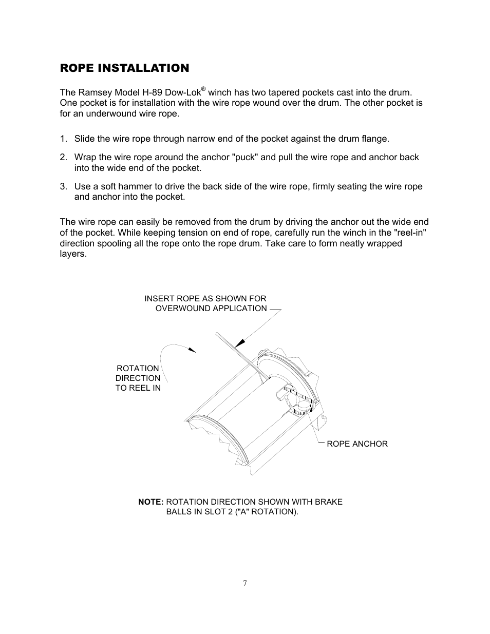 Rope installation | Ramsey Winch H-89 User Manual | Page 7 / 94