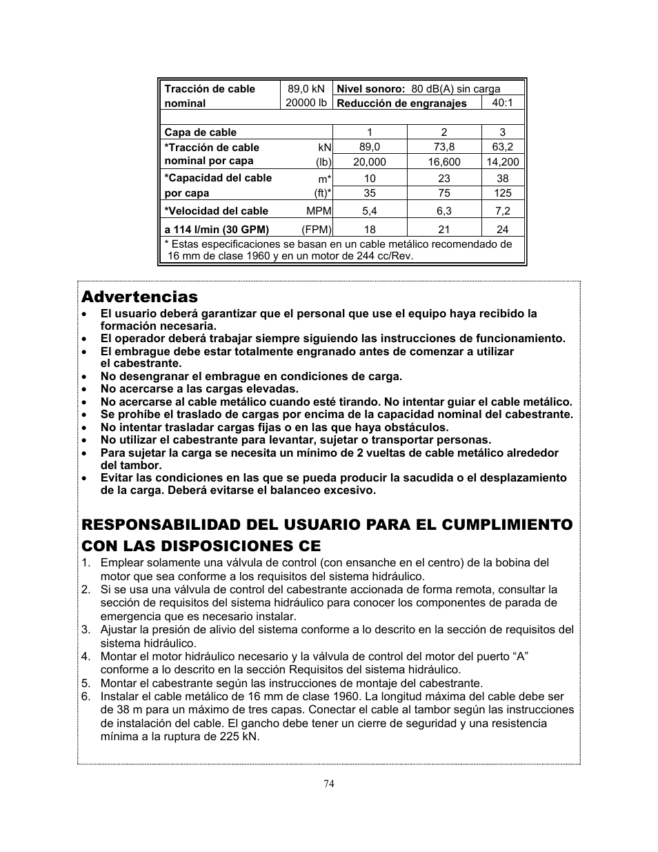 Advertencias | Ramsey Winch H-89 User Manual | Page 74 / 94