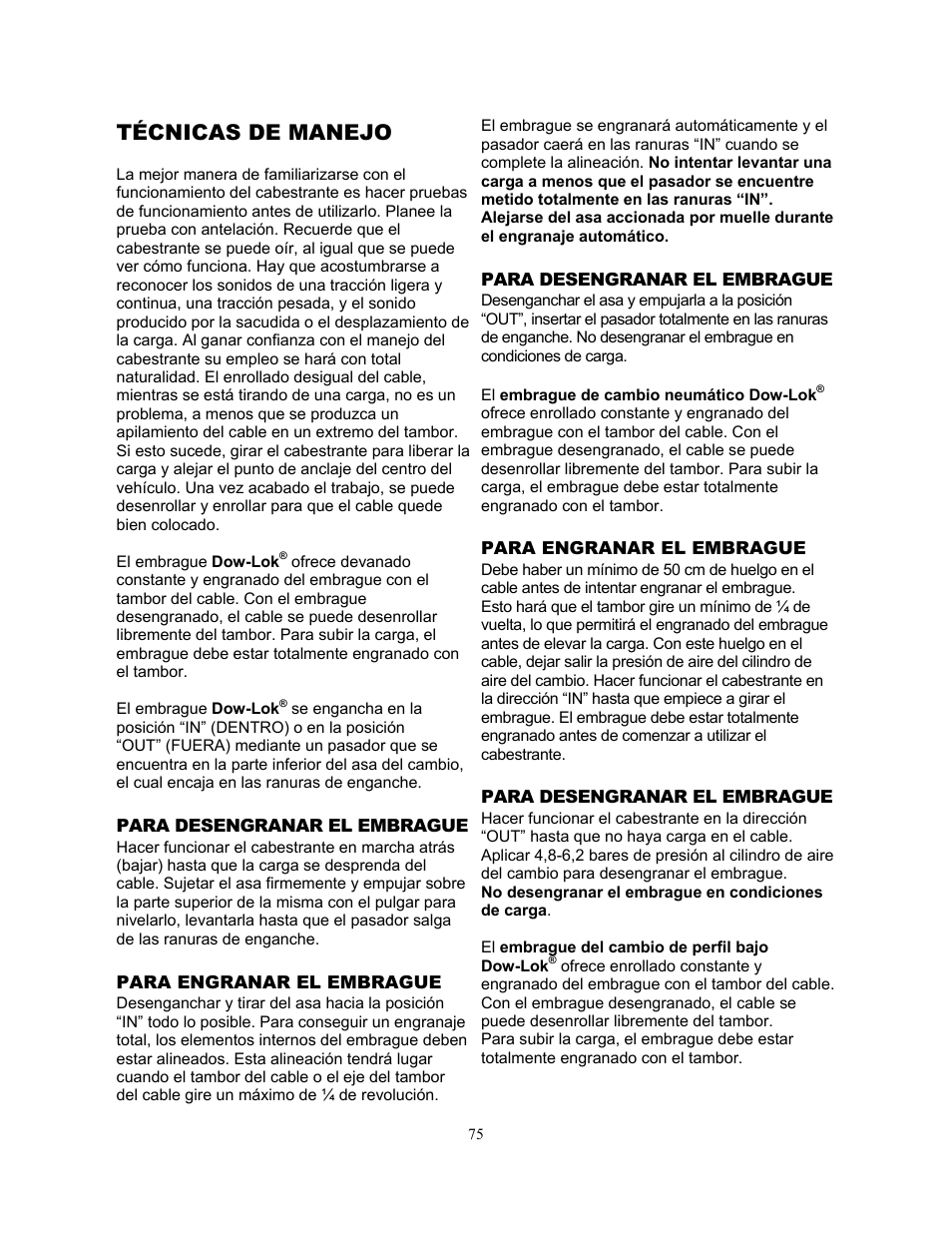 Técnicas de manejo | Ramsey Winch H-89 User Manual | Page 75 / 94