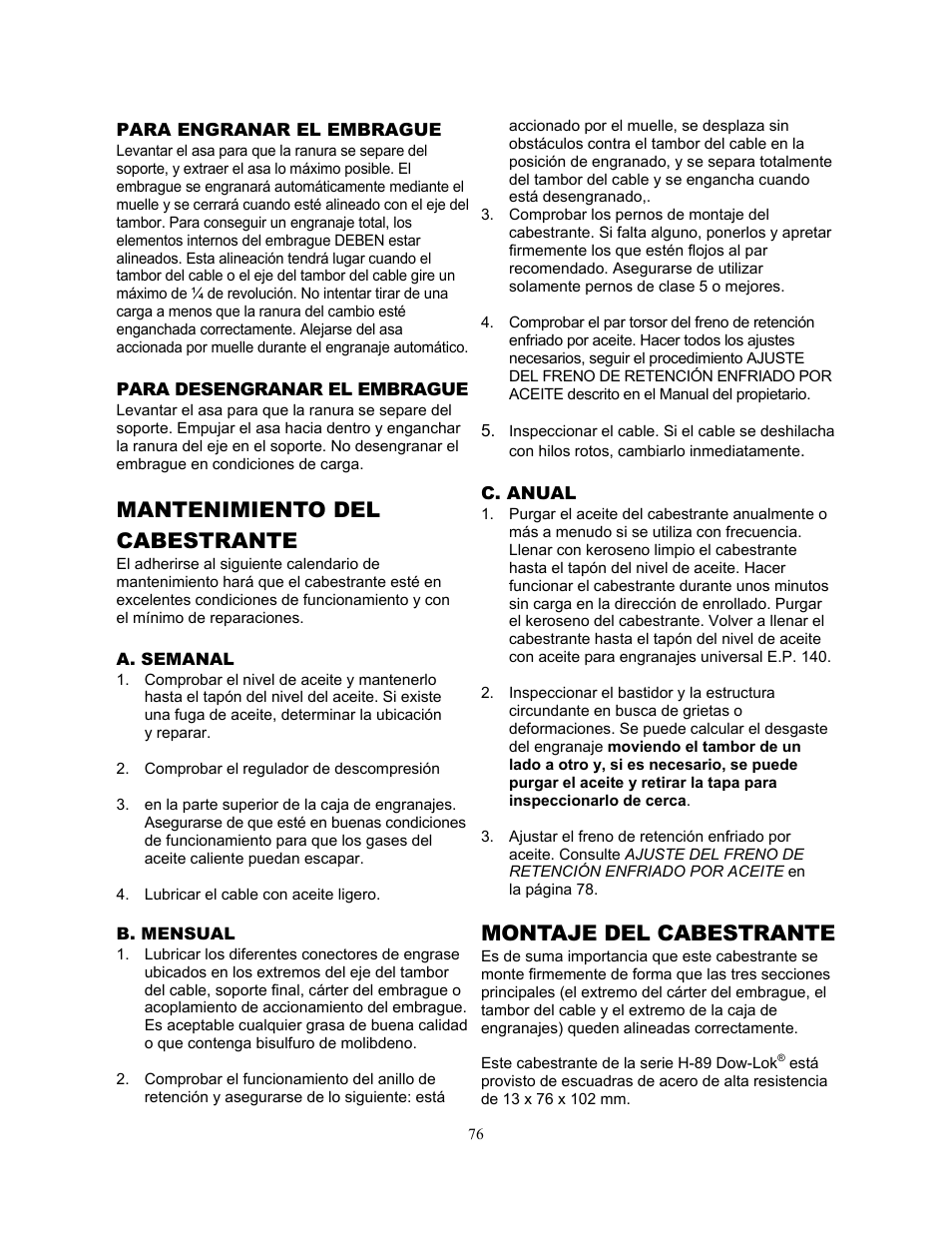 Mantenimiento del cabestrante, Montaje del cabestrante | Ramsey Winch H-89 User Manual | Page 76 / 94