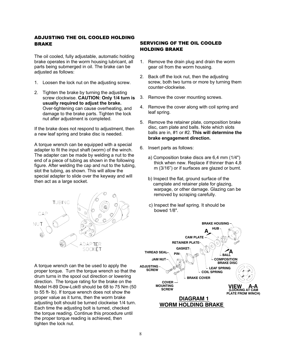 Worm holding brake, Diagram 1, View a-a | Ramsey Winch H-89 User Manual | Page 8 / 94