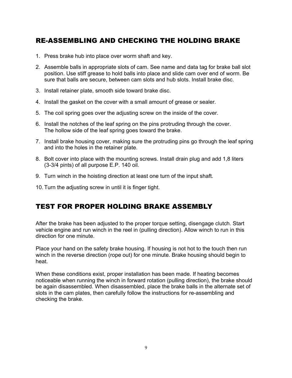 Re-assembling and checking the holding brake, Test for proper holding brake assembly | Ramsey Winch H-89 User Manual | Page 9 / 94