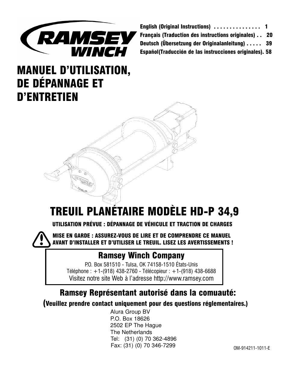 Treuil planétaire modèle hd-p 34,9, Manuel d’utilisation, de dépannage et d’entretien, Ramsey winch company | Ramsey représentant autorisé dans la comuauté | Ramsey Winch HD-P 34,9 User Manual | Page 20 / 78