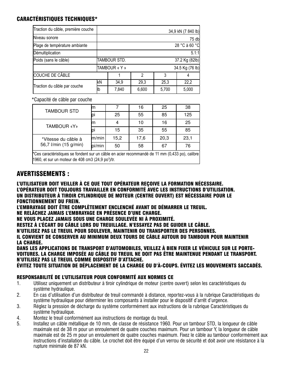 Avertissements | Ramsey Winch HD-P 34,9 User Manual | Page 22 / 78