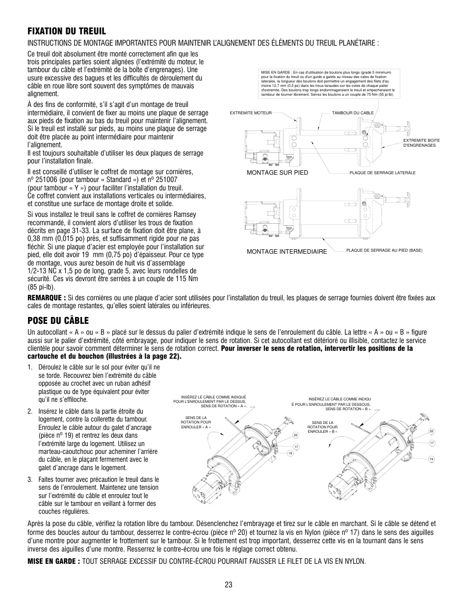 Fixation du treuil, Pose du câble | Ramsey Winch HD-P 34,9 User Manual | Page 23 / 78