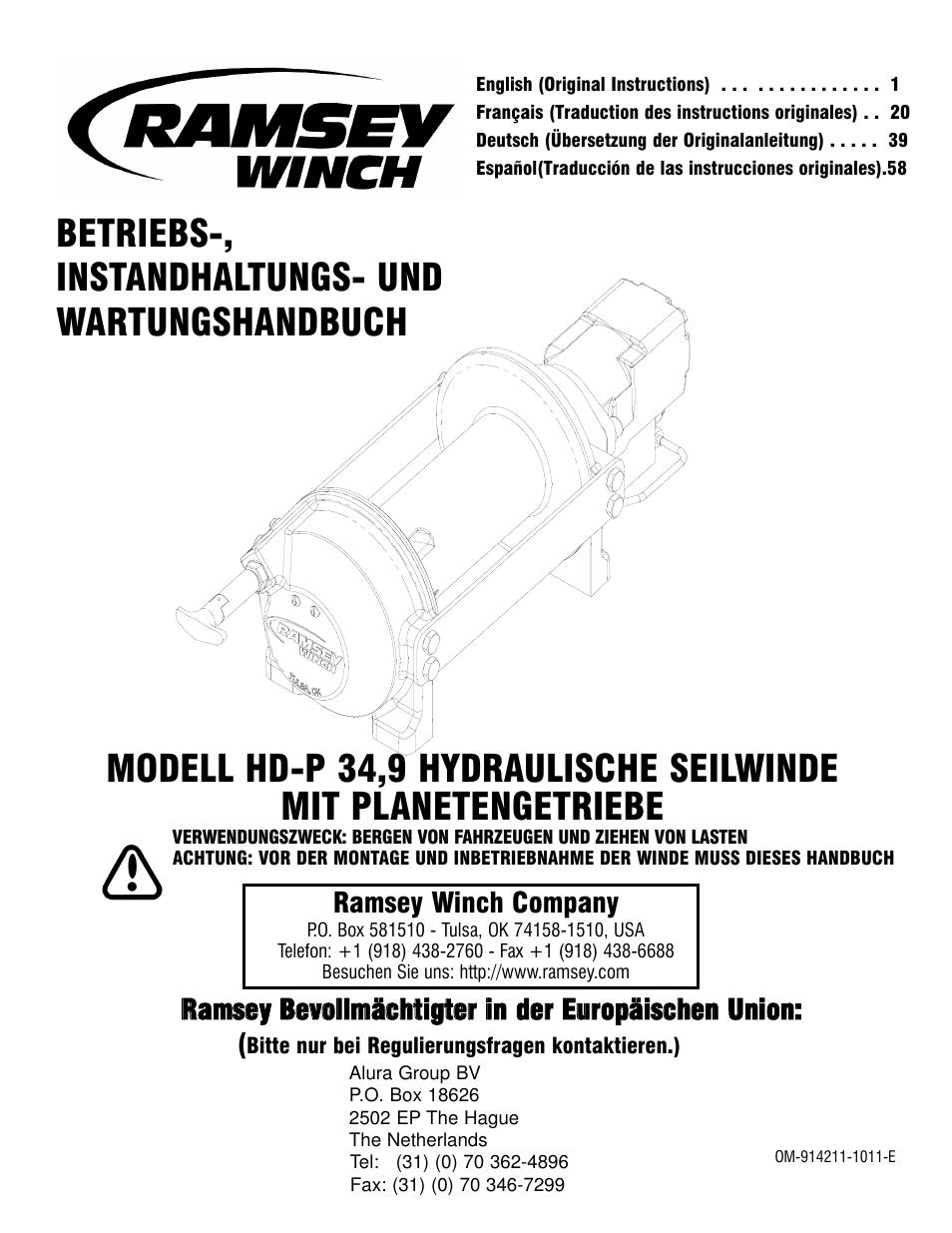 Ramsey bevollmächtigter in der europäischen union, Ramsey winch company | Ramsey Winch HD-P 34,9 User Manual | Page 39 / 78