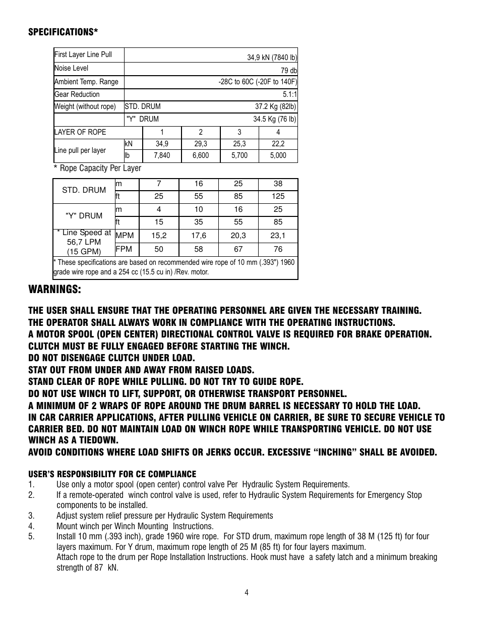 Warnings | Ramsey Winch HD-P 34,9 User Manual | Page 4 / 78