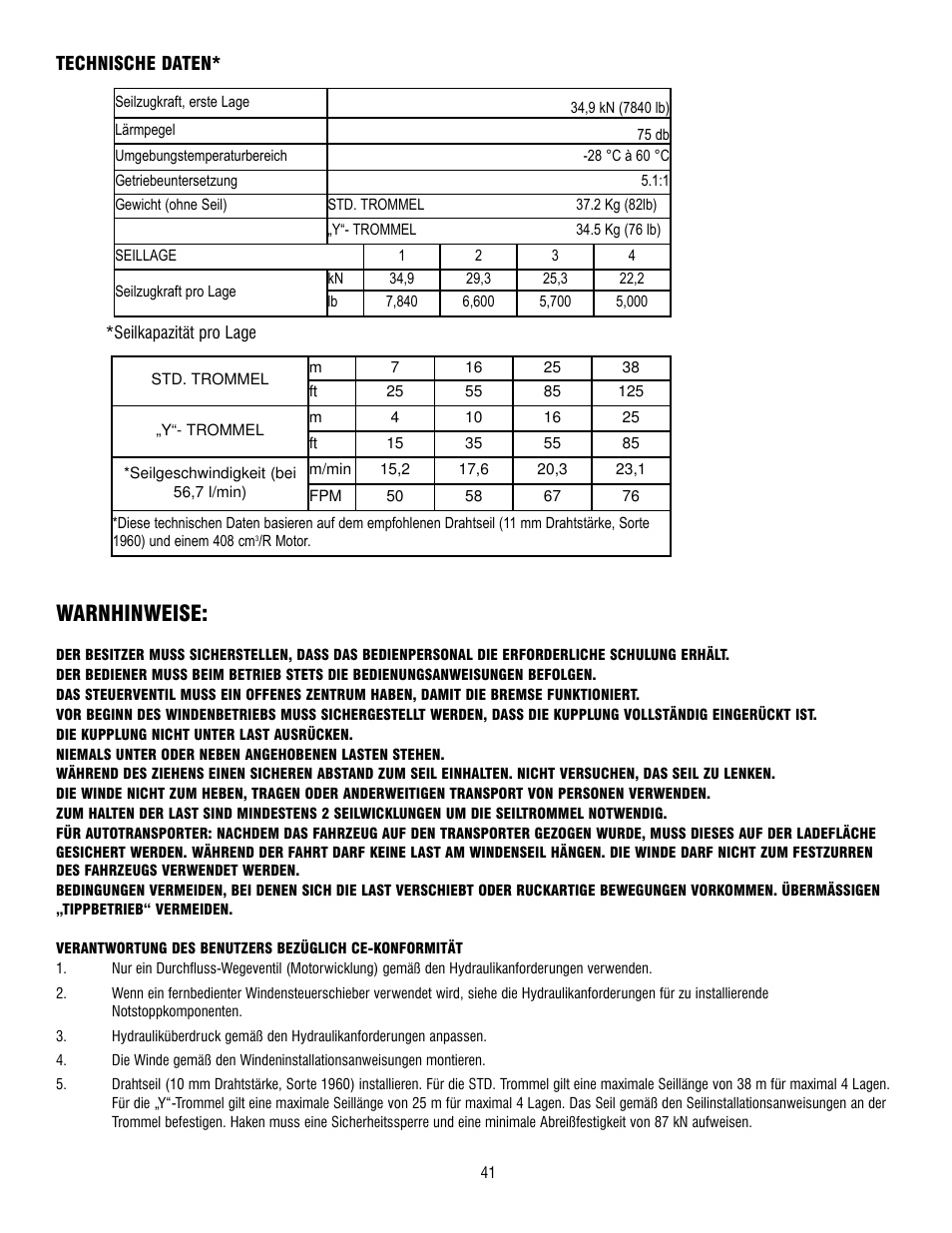 Warnhinweise | Ramsey Winch HD-P 34,9 User Manual | Page 41 / 78