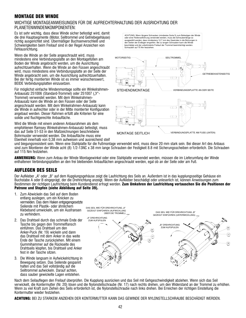 Montage der winde, Auflegen des seils | Ramsey Winch HD-P 34,9 User Manual | Page 42 / 78