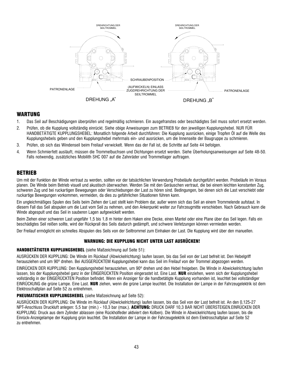 Wartung, Betrieb | Ramsey Winch HD-P 34,9 User Manual | Page 43 / 78