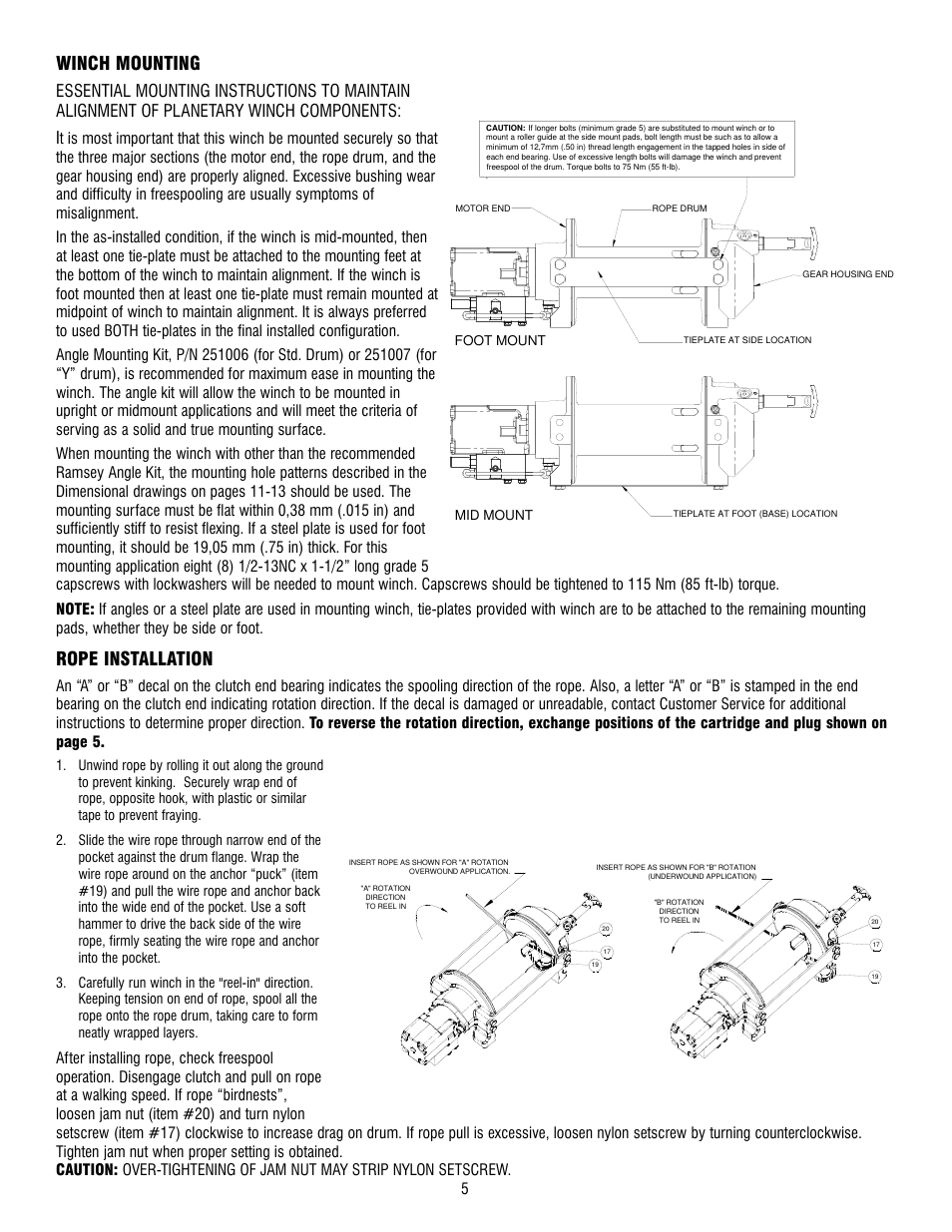 Winch mounting, Rope installation | Ramsey Winch HD-P 34,9 User Manual | Page 5 / 78