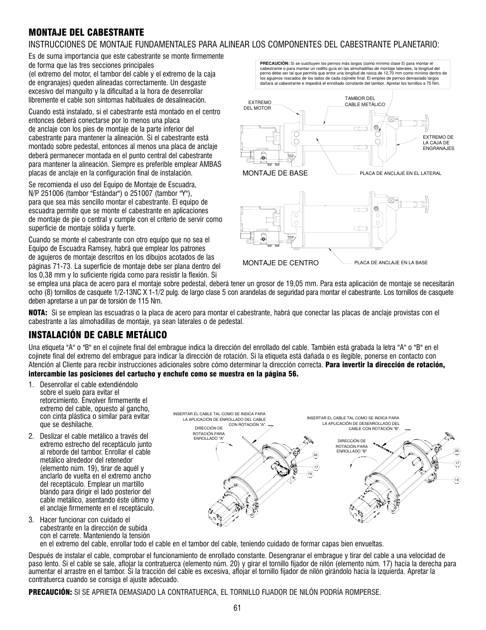 Montaje del cabestrante, Instalación de cable metálico | Ramsey Winch HD-P 34,9 User Manual | Page 61 / 78