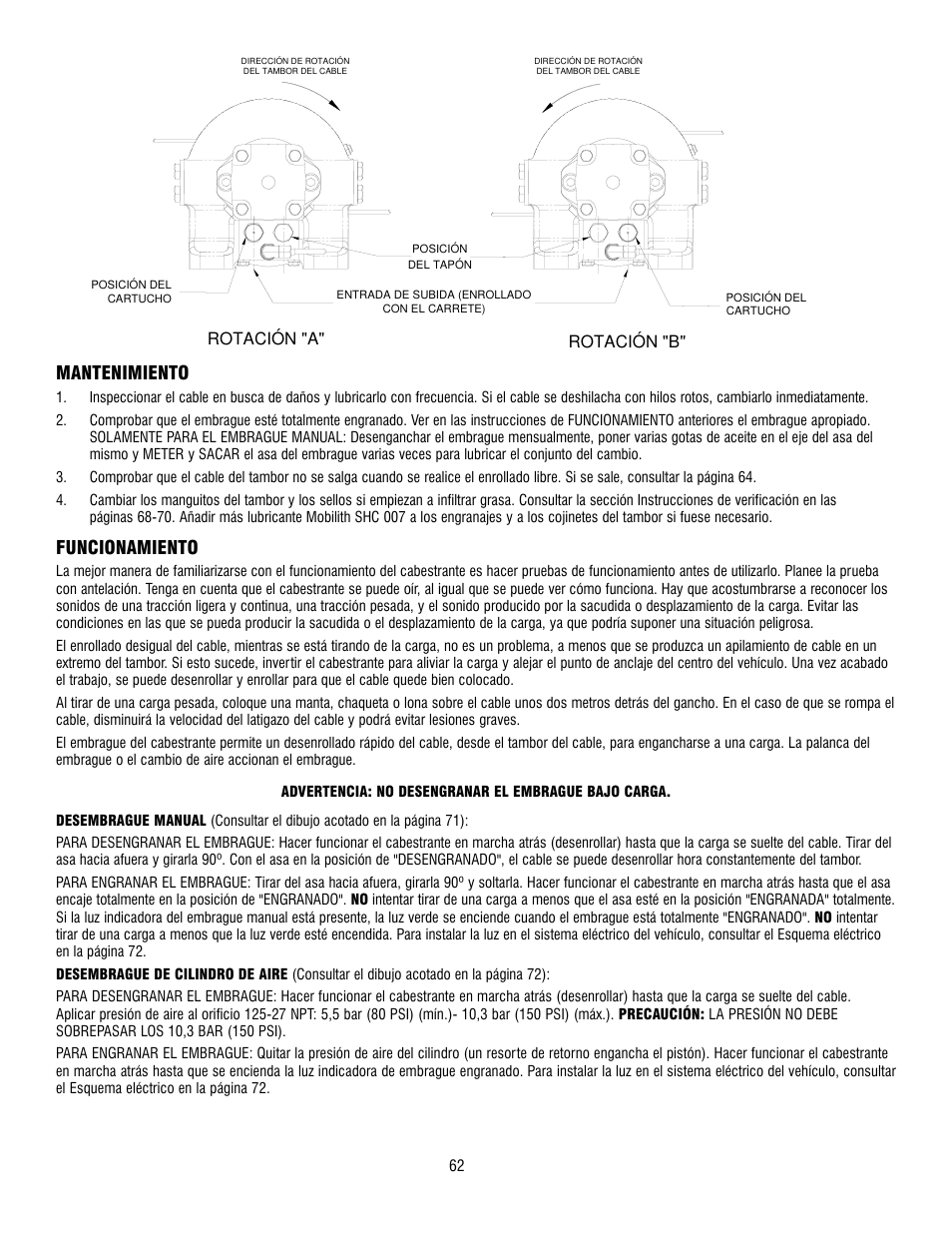 Mantenimiento, Funcionamiento | Ramsey Winch HD-P 34,9 User Manual | Page 62 / 78