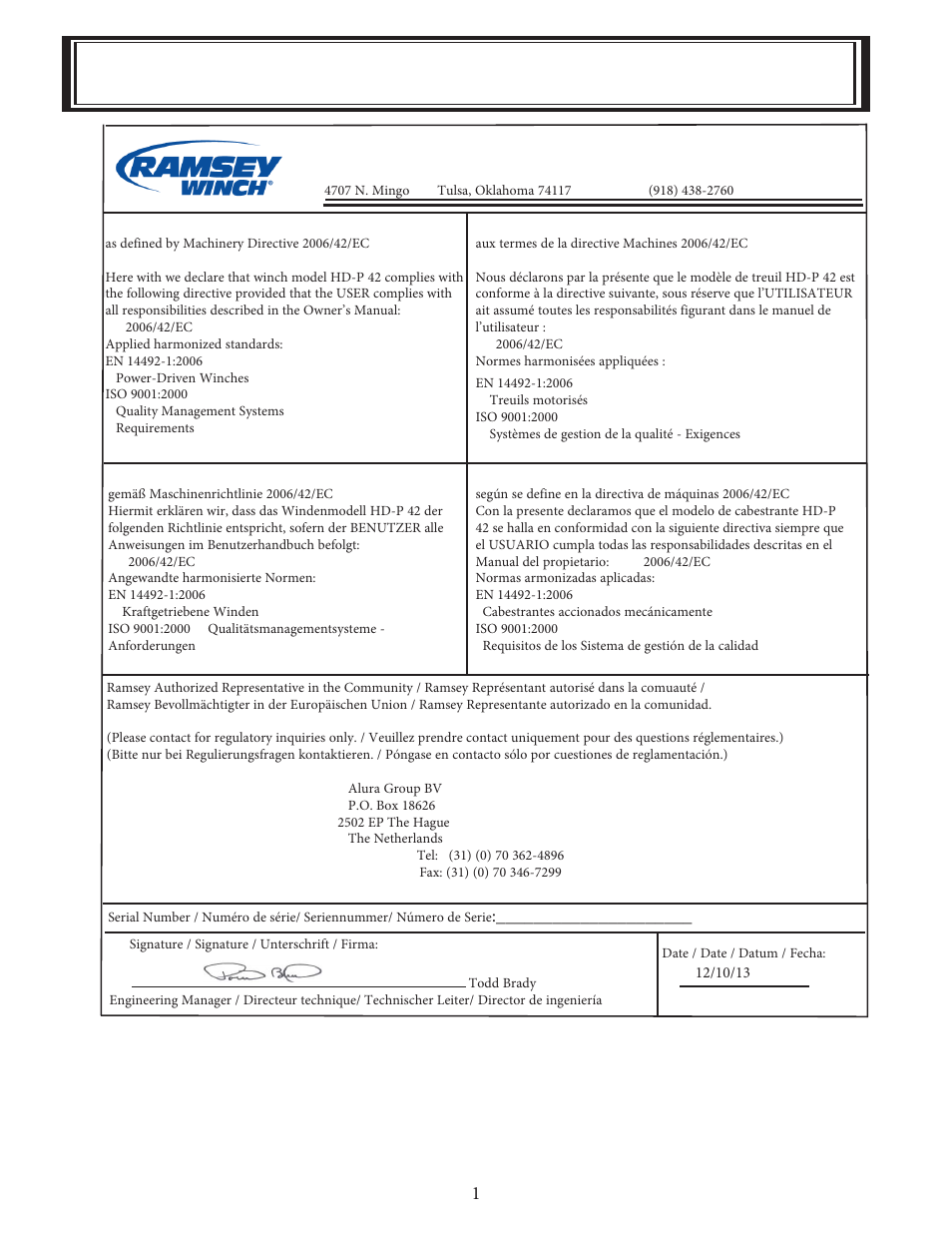 Ec declaration of conformity | Ramsey Winch HD-P 42 User Manual | Page 3 / 81