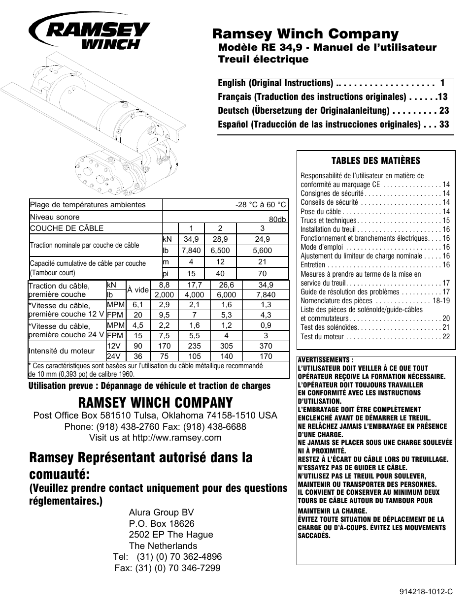 914218 1012 b fr re34,9, Ramsey winch company, Ramsey représentant autorisé dans la comuauté | Ramsey Winch RE 34,9 User Manual | Page 13 / 43