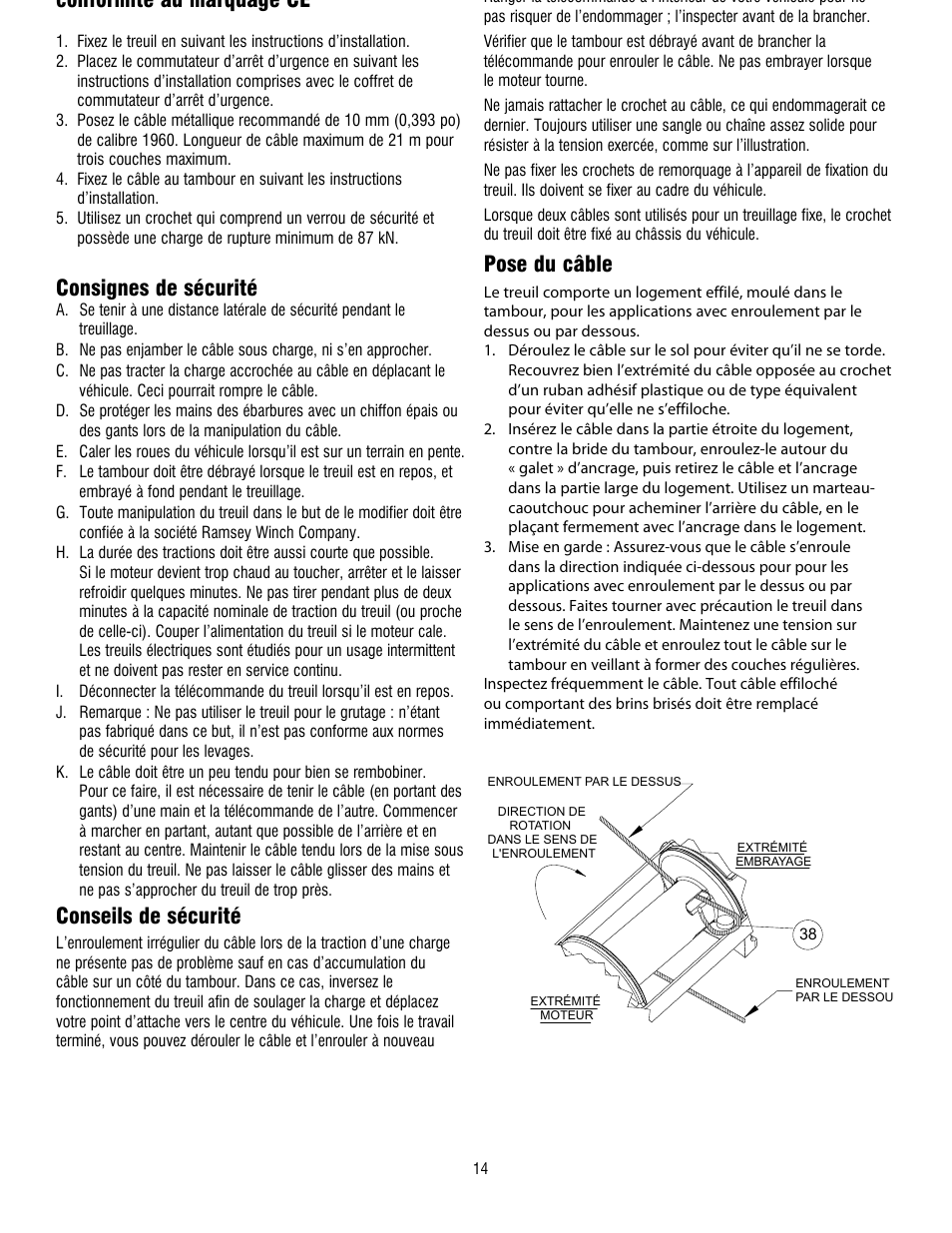 Conformité au marquage ce, Consignes de sécurité, Conseils de sécurité | Pose du câble | Ramsey Winch RE 34,9 User Manual | Page 14 / 43