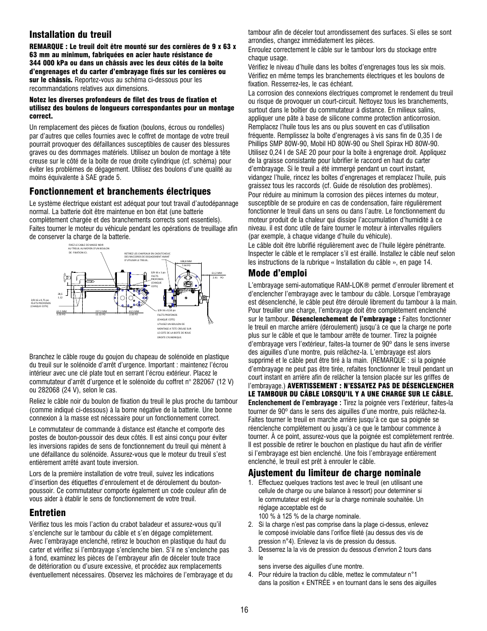 Installation du treuil, Fonctionnement et branchements électriques, Entretien | Mode d’emploi, Ajustement du limiteur de charge nominale | Ramsey Winch RE 34,9 User Manual | Page 16 / 43