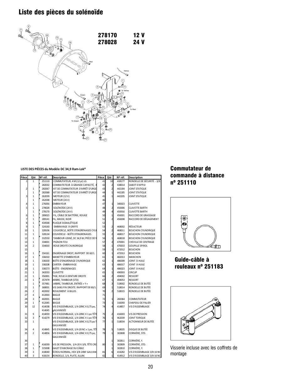 Liste des pièces du solénoïde, Visserie incluse avec les coffrets de montage | Ramsey Winch RE 34,9 User Manual | Page 20 / 43