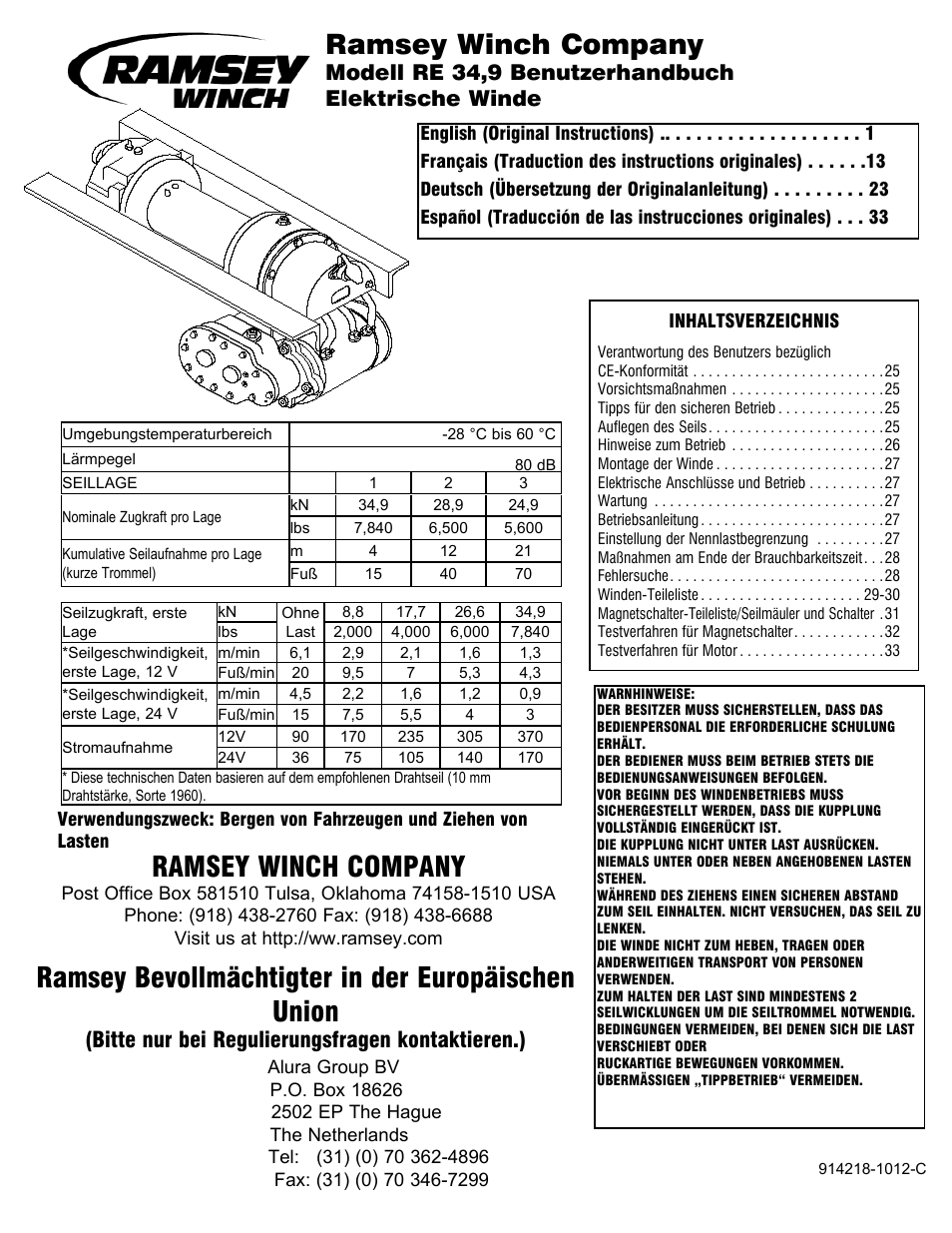 914218 1012 b de re34,9, Ramsey winch company, Ramsey bevollmächtigter in der europäischen union | Bitte nur bei regulierungsfragen kontaktieren.), Modell re 34,9 benutzerhandbuch elektrische winde | Ramsey Winch RE 34,9 User Manual | Page 23 / 43