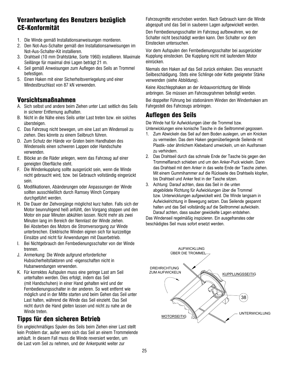 Vorsichtsmaßnahmen, Tipps für den sicheren betrieb, Auflegen des seils | Ramsey Winch RE 34,9 User Manual | Page 24 / 43